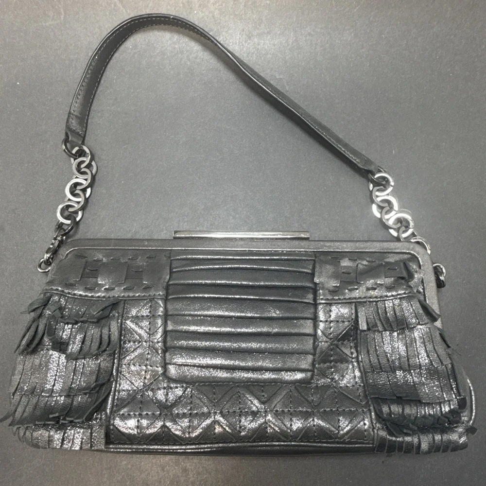 David & Scotti Metallic Gray Shoulder Fringe Metal Handle Handbag Purse w Mirror